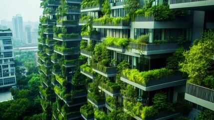 Modern skyscraper with lush green plants growing on balconies and exterior walls.