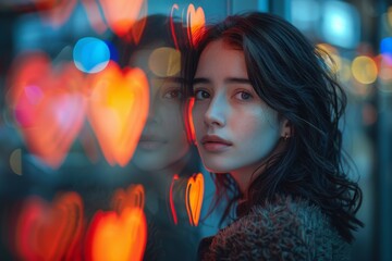 young woman standing in front of a mirror, surrounded by floating social media icons like hearts and likes
