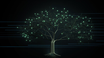 Minimalist Digital Tree With Glowing Green Lights and Linear Branches