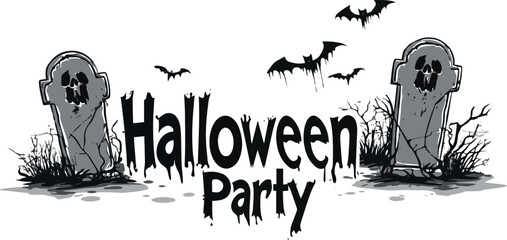 Halloween Party Banner Happy Halloween vector text banner on a transparent background. Featuring black bats, witch and cobwebs suitable for placing over Halloween cards, social media and poster design