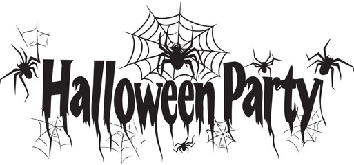 Halloween Party Banner Happy Halloween vector text banner on a transparent background. Featuring black bats, witch and cobwebs suitable for placing over Halloween cards, social media and poster design