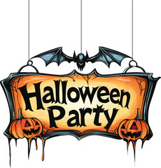 Halloween Party Banner Happy Halloween vector text banner on a transparent background. Featuring black bats, witch and cobwebs suitable for placing over Halloween cards, social media and poster design