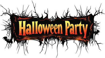Halloween Party Banner Happy Halloween vector text banner on a transparent background. Featuring black bats, witch and cobwebs suitable for placing over Halloween cards, social media and poster design