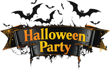 Halloween Party Banner Happy Halloween vector text banner on a transparent background. Featuring black bats, witch and cobwebs suitable for placing over Halloween cards, social media and poster design