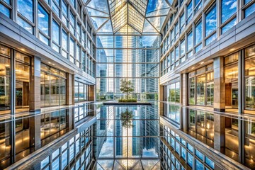 luxurious skyscraper interior with glass ceiling mirror reflections, symmetrical composition, bright whites, and subtle gradients conveying modern sophistication and infinite possibilities