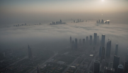 Obraz premium View from far above of a city shrouded in haze due to industrial air pollution, fine dust and exhaust pollution in urban centers