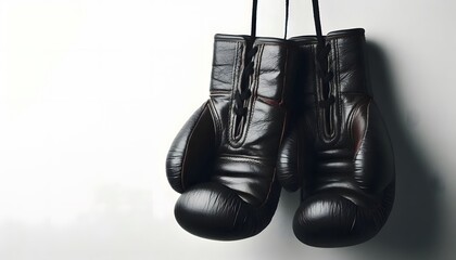 Old boxing gloves hanging on a white background