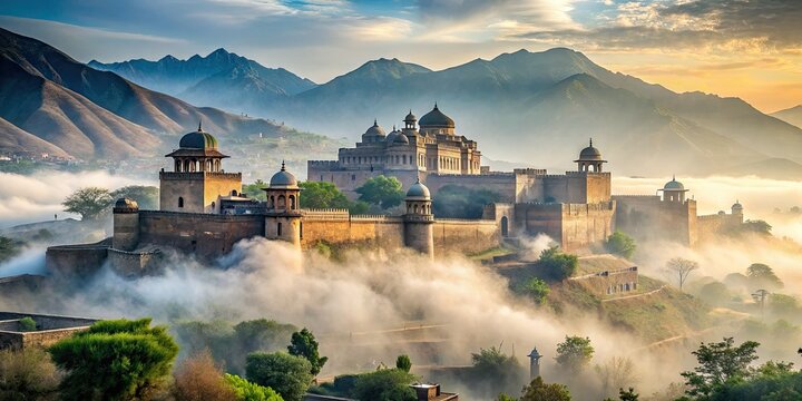 Ethereal, misty morning shot of Peshawar's Bala Hissar Fort, with delicate, crumbling architecture and majestic mountain ranges blending into the fog.