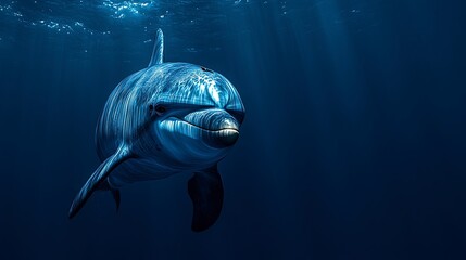 Fototapeta premium Dolphinâ€™s face, smooth skin, smiling expression, underwater lighting