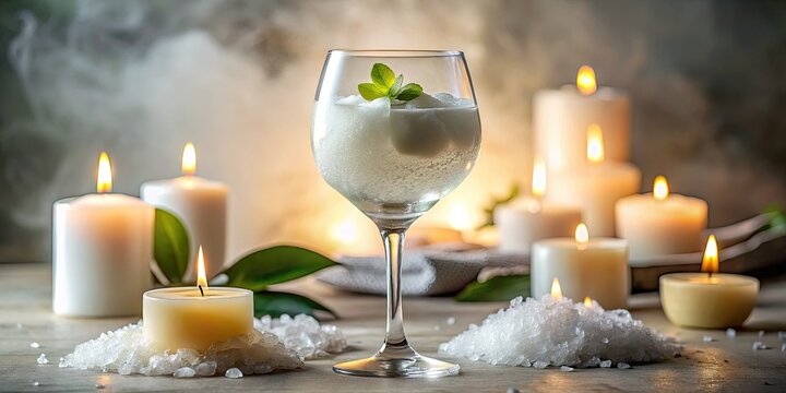 Elegant wine glass filled with revitalizing limau ice mix, frosted misty effect, creamy white candles, luxurious spa ambiance, serene relaxation.