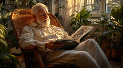Obraz premium Elderly man feeling reflective, sitting in a rocking chair, holding a photo album, soft morning light