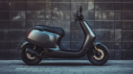 Electric scooter parked, modern design, urban environment, afternoon sun