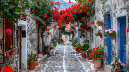 Fototapeta premium Santorini, Greece. A small road with flowers in the foreground