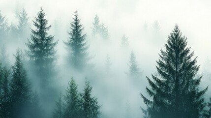Obraz premium Pine Mist Whisper, a serene landscape where ethereal mist intertwines with towering pine trees, creating an enchanting atmosphere of tranquility and nature's secrets.