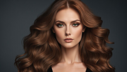 Fototapeta premium Girl with Luxurious Wavy Brown Hair, Neutral Expression, Dark Backdrop