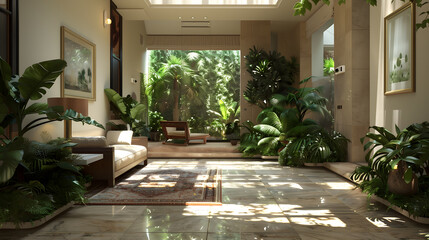 Luxury Indoor Garden Lounge with Sunlight and Lush Greenery interior design visualization tropical rich apartment