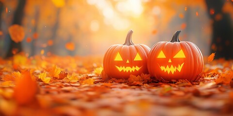 A festive Halloween scene featuring two carved pumpkins with classic jack-o’-lantern faces. The pumpkins sit side by side on a rustic wooden surface, surrounded by vibrant autumn leaves.