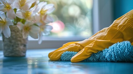 Home cleaning yellow gloves microfiber cloth flower vase dust wash