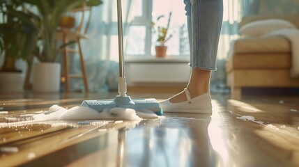 Person woman mopping wooden floor foam bubbles home cleaning interior house keeping wiping washing home
