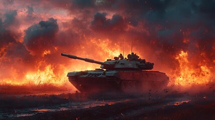 A tank drives through a fiery landscape, smoke and embers fill the air.