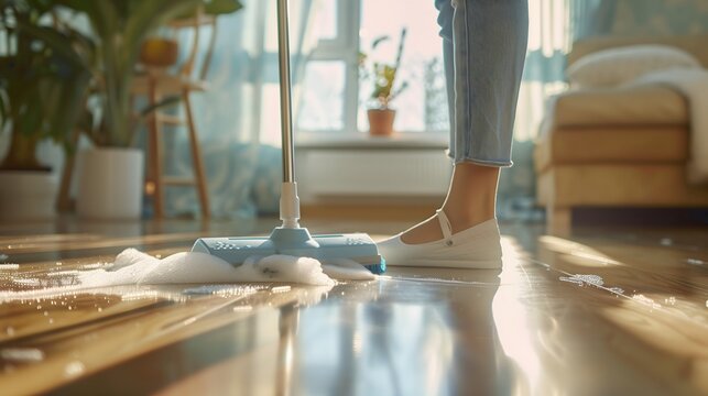 Person woman mopping wooden floor foam bubbles home cleaning interior house keeping wiping washing home