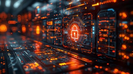 a digital interface with multiple panels showing graphs, locks, and code