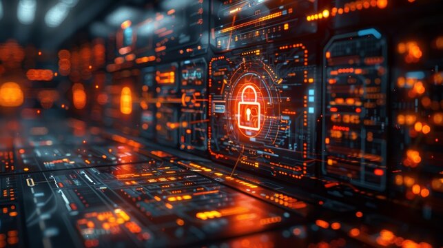 a digital interface with multiple panels showing graphs, locks, and code