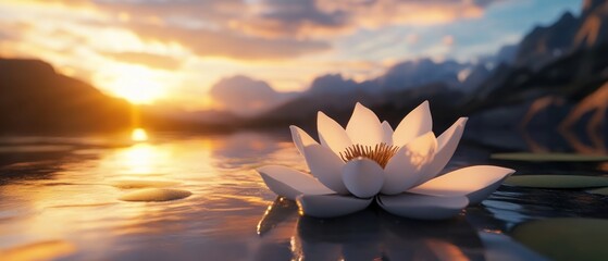 White Water Lily Blooming at Sunset in a Mountain Lake