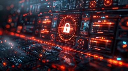 Obraz premium a digital interface with multiple panels showing graphs, locks, and code