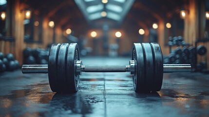 Fototapeta premium A close-up of a heavy dumbbell lying on the floor of a gym, with the weight plates visible.