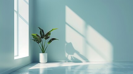 Minimalist interior design modern green plant natural sunlight bright shadows clean space calm ambiance elegant room architecture contemporary style simple home aesthetic peaceful environment