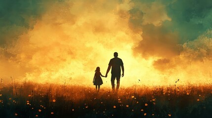 Fototapeta premium Silhouette of Parent and Child Walking in Watercolor