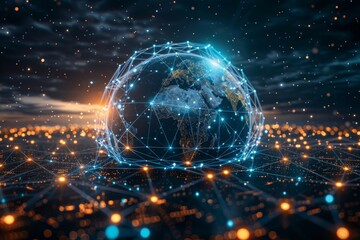 a globe surrounded by a web of interconnected blue lines and digital locks, representing global data security and online protection