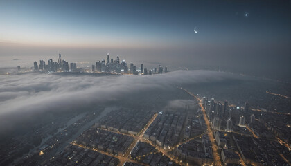 View from far above of a city shrouded in haze due to industrial air pollution, fine dust and exhaust pollution in urban centers