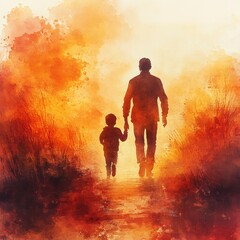 Obraz premium Silhouette of Parent and Child Walking in Watercolor