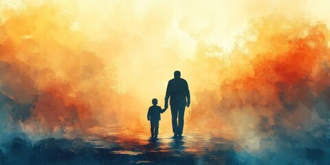 Silhouette of Parent and Child Walking in Watercolor