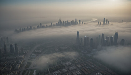 View from far above of a city shrouded in haze due to industrial air pollution, fine dust and exhaust pollution in urban centers