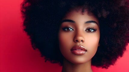 Young Black woman with natural afro hair posing in studio. Fashion photo of African American girl on bright red pink background. Embracing diverse beauty