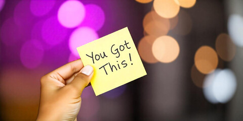 A hand holding a yellow sticky note with the text "You Got This!".
