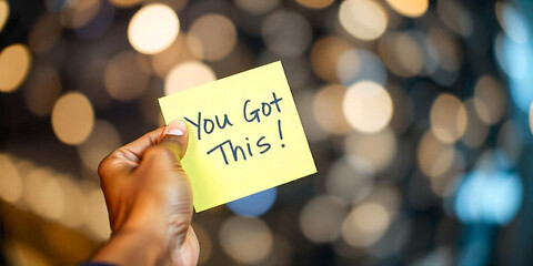 A hand holding a yellow sticky note with the text "You Got This!".