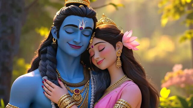 Radha and Lord Krishna hugging on sunrise. Krishna Janmashtami, Govardhan Puja. Hindu god and goddess. Symbol of divine love. Indian culture and religious concept