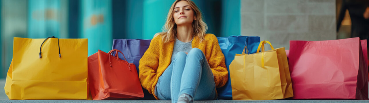 Recorte panor&aacute;mico de joven mujer, sentada con sus bolsas de compras de colores, feliz y orgullosa de la adquisici&oacute;n por las grandes ofertas