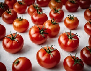 Group of ripe, red tomatoes. Tomatoes are arranged in cluster. Light catches surface of tomatoes, highlighting their vibrant color and glistening texture. They were recently harvested. AI generated