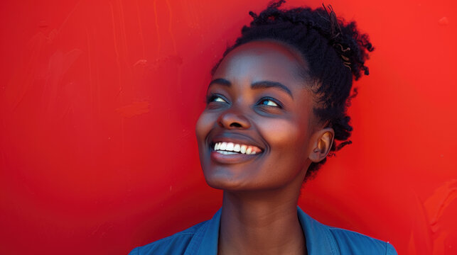 Bella mujer africana, posando sobre un fondo rojo, se ve con una sonrisa abundante y dientes saludables. Tambi&eacute;n tiene una piel perfecta y un pelo perfecto.