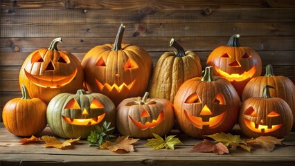 Group of pumpkins at different carving stages, from uncut to fully detailed jack-o'-lanterns, on a rustic table," [pumpkin carving progression], [Halloween creativity, fall tradition].