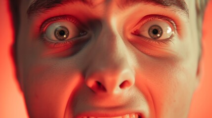 Obraz premium A close-up shot of a person's wide-eyed, intense expression illuminated by dramatic red lighting. The sharp focus on the eyes and facial features captures a moment of shock or fear, making it suitable