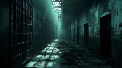 Desolate Prison Corridor with Metal Bars and Dim Lighting