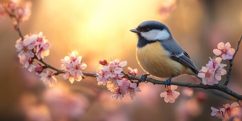 Obraz premium A Bird Perched on a Branch of Delicate Pink Blossoms at Sunset