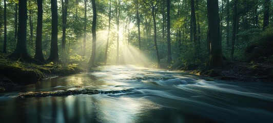 Fototapeta premium A quiet river flowing through a forest