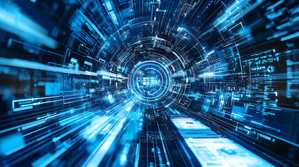Fototapeta premium Futuristic Data Tunnel with Blue Digital Streams